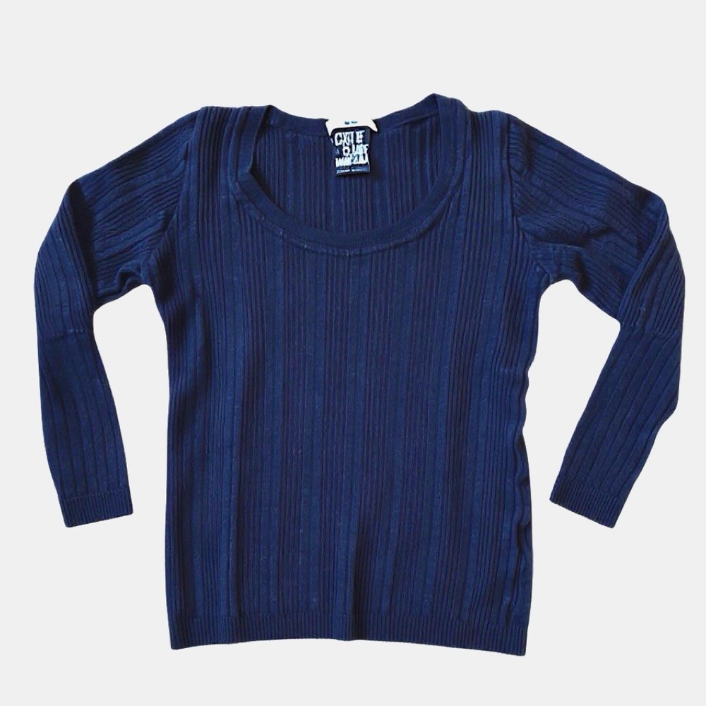 CLAUDE MONTANA navy blue ribbed knit sweater with ribbed detail throughout